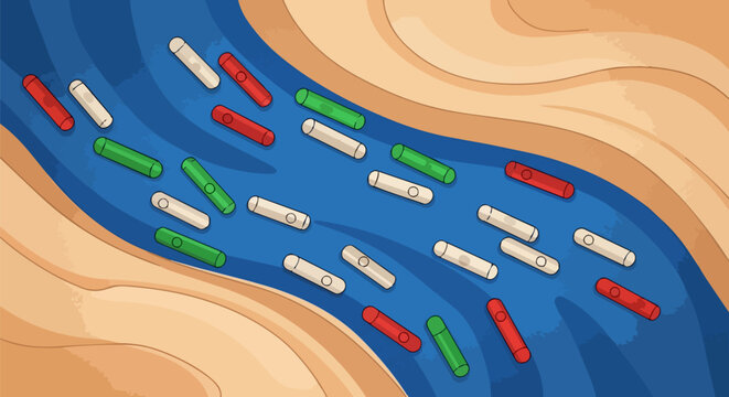 Polluted river, contaminated water, pills and capsules, environmental issue, ecology