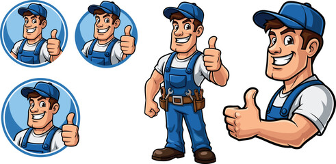 Handyman mascot vector collection with smiling construction worker giving thumbs up professional service cartoon illustration set © EdGe Creative