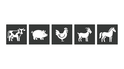 Naklejka premium Collection of farm animal icons including cow, pig, chicken, goat, and horse on dark background
