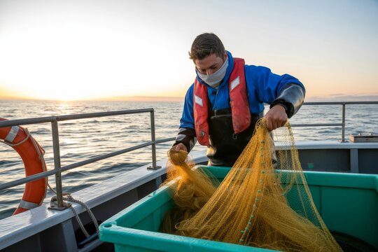 Fisherman prepares his net on a boat during sunset over the ocean