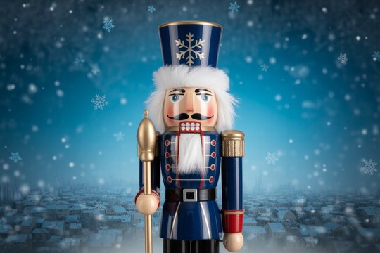 Festive nutcracker soldier standing in a snowy winter wonderland scene with blue background