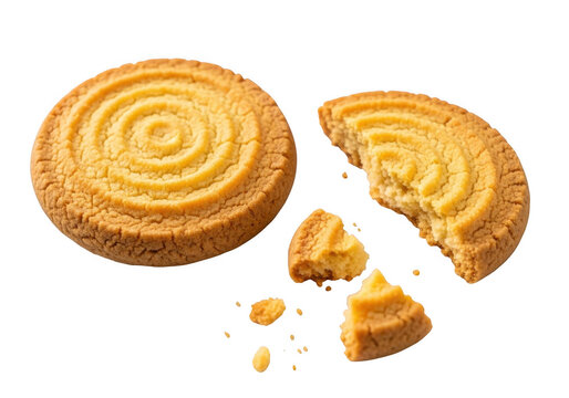 Delicious golden butter cookie, one whole and one broken with crumbs, isolated on transparent background