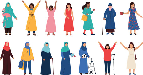 Fototapeta premium Diverse Muslim women vector collection with hijab outfits modern lifestyle characters inclusive fashion illustration set