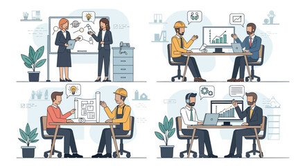 Fototapeta premium Business people, office workers, teamwork illustrations, 4 character set, vector icons