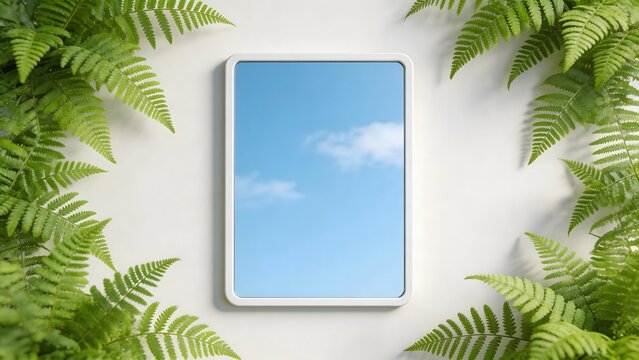 Mirror with ferns and sky reflection