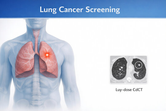 Photorealistic clinical scene: patient undergoing low-dose CT lung screening in a modern CT suite, patient on CT table, radiographer nearby