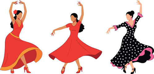 Fototapeta premium Flamenco dancers vector collection with women in red and polka dot dresses Spanish dance performance illustration set
