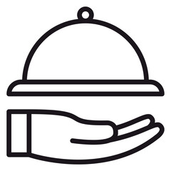 Minimalist black vector icon illustration of a hand holding a food cloche or serving platter with a dome lid, symbolizing restaurant service, catering, hospitality, and gourmet dining concepts. © MstNasima