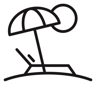 Black line art vector icon illustration of a beach scene with a sun, umbrella, and lounge chair on the sand, ideal for summer vacation, travel, and holiday-themed graphic design projects.