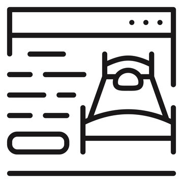 Online hotel booking vector icon illustration. Minimalist black line art symbol of a web browser window showing a bed and reservation details for travel, vacation planning, and accommodation.