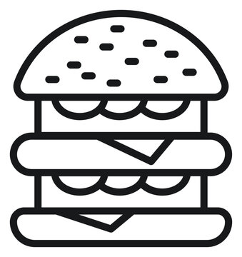 Double decker burger vector icon illustration. Black line art symbol of a big hamburger with two patties, cheese, lettuce, and sesame seeds on a bun. Minimalist fast food graphic design element.