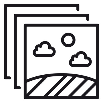Minimalist black line vector icon representing a photo gallery or image stack, featuring a landscape illustration with sun, clouds, and fields, ideal for photography and media app interfaces.