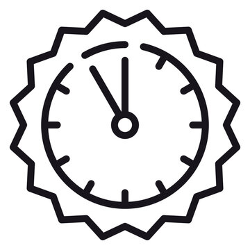 Black vector icon of a clock face inside a jagged circular badge or seal, minimalist line art illustration representing time management, deadline, countdown, or urgent schedule concepts on white.