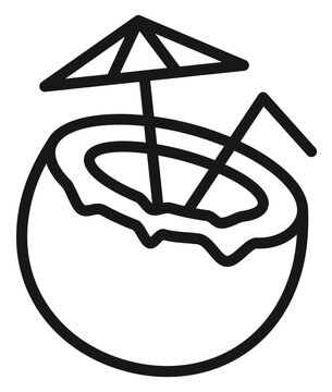 Black line art vector icon of a refreshing tropical coconut drink featuring a straw and a cocktail umbrella, perfect for summer vacation, beach travel, and exotic beverage graphic design.