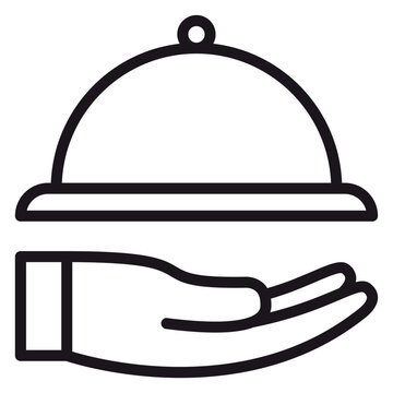 Minimalist black vector icon illustration of a hand holding a food cloche or serving platter with a dome lid, symbolizing restaurant service, catering, hospitality, and gourmet dining concepts.