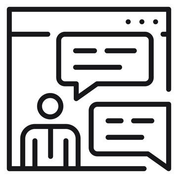 Minimalist black line vector icon illustration of a person in a web browser window with speech bubbles, symbolizing online chat, customer support, virtual communication, and digital meetings.