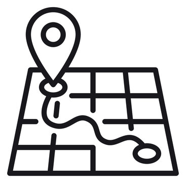 Black line vector icon illustration of a map with a navigation route and a location pin pointer, representing travel, GPS tracking, direction, and destination on a white background.