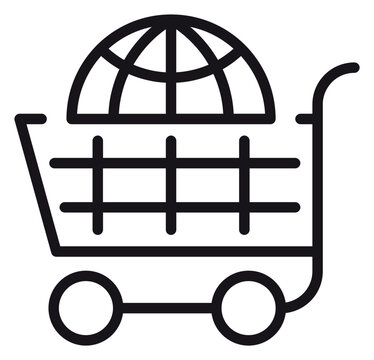Global Shopping Cart Vector Icon Illustration. Minimalist black line art symbol of a shopping trolley containing a globe, representing international trade, worldwide e-commerce, and global market.