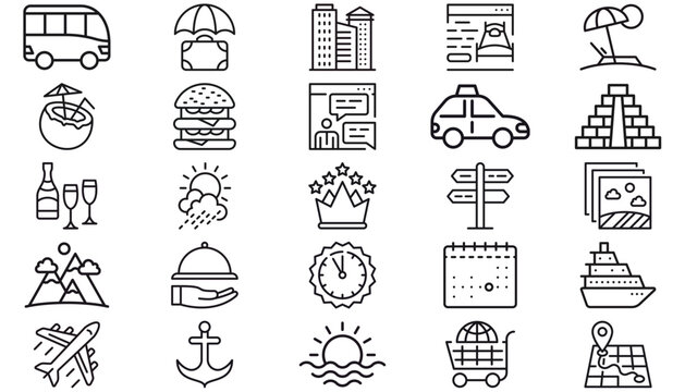 Vector Icon Set of 25 Black Minimalist Line Art Symbols for Travel, Food, Business, and Navigation. Includes Airplane, Burger, Taxi, Hotel Booking, Beach, Weather, Map, and Global Commerce Icons.
