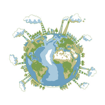 Globe Surrounded by Industrial Factories and Smoking Chimneys Vector