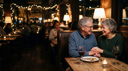 Obraz premium Senior couple enjoying romantic dinner in cozy restaurant at night