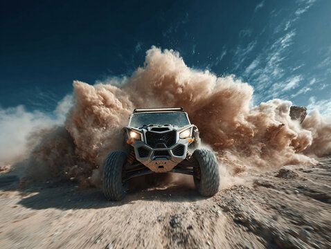A rugged tan off-road UTV races through a desert track, kicking up a massive cloud of sand and dust under a clear deep blue sky.