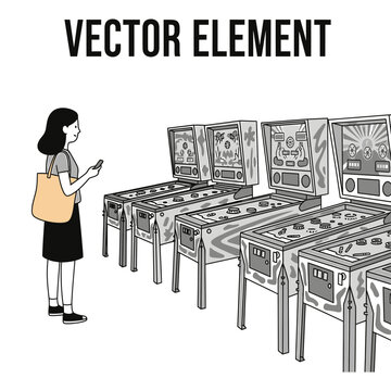 Woman with Smartphone Standing near Row of Vintage Pinball Machines