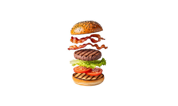 Delicious hamburger components floating in mid air  tasty food transparent background