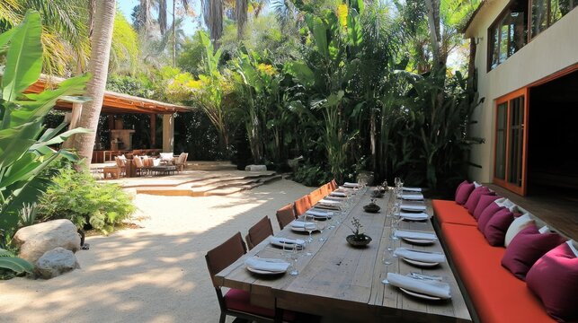 Outdoor dining table set for event in luxury setting