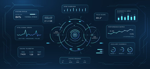 Futuristic Blue HUD Dashboard with Circular Data Analytics. Advanced sci-fi interface with circular monitoring display, diagnostic panels, sensor metrics. HUD UI with Scan system. Vector helmet view © 24 std