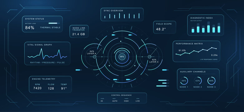 Futuristic Blue HUD Dashboard with Circular Data Analytics. Advanced sci-fi interface with circular monitoring display, diagnostic panels, sensor metrics. HUD UI with Scan system. Vector helmet view