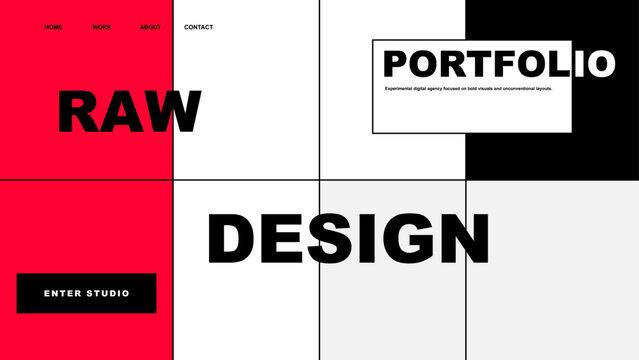 Brutalism Portfolio Website, Landing Page Design. Experimental portfolio homepage concept with oversized typography, modular grid layout, bold red and black contrast. Brutalism web page. Vector