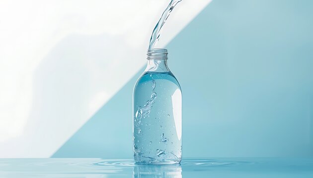 A clear glass bottle being filled with water on a blue surface