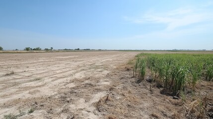 Fototapeta premium Agricultural landscape with crop fields under blue sky
