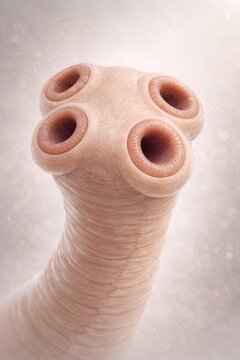 Taenia saginata scolex with four suckers and smooth apical region, detailed tapeworm head anatomy without hooks, parasitic organism, generative ai illustration