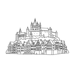 Obraz premium Medieval European Town and Castle Line Art Vector Illustration
