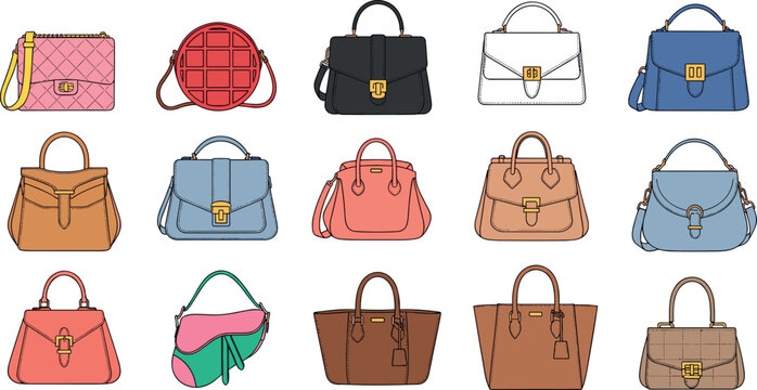 Collection of stylish women handbags vector set with luxury purses shoulder bags and trendy fashion accessories illustration