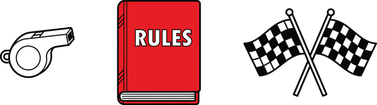 Racing essentials whistle rulebook and checkered flags represent competition and regulation