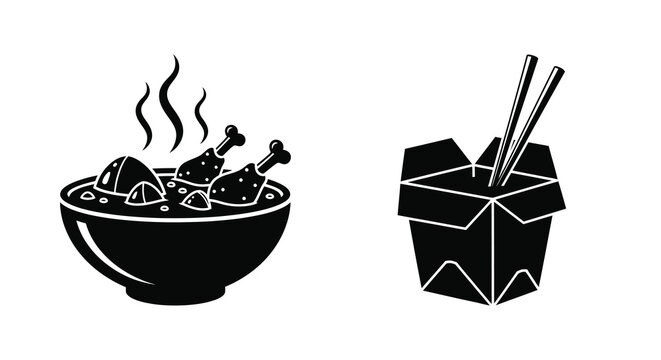 Asian cuisine ramen chicken and takeout box in black silhouette