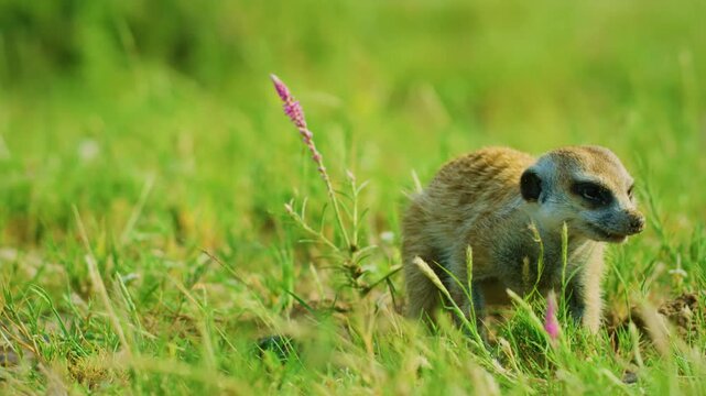 Footage of a meerkat (Suricata suricatta) or suricate eating its food with its sharp teeth.