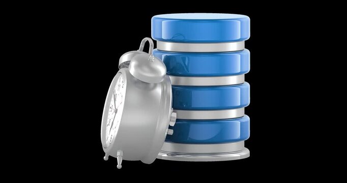 Database with alarm clock, rotation animation seamlessly loopable. 3D rendering isolated on transparent background