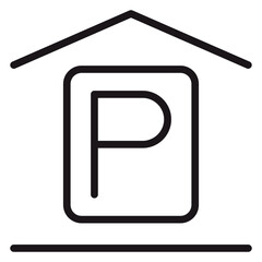 Black line art vector illustration of a parking garage icon with a letter P symbol inside a frame under a house roof, representing indoor vehicle parking, car park, or garage facility. © AlSadiMd