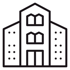 Black vector icon illustration of a building, school, or office structure with a gabled roof, central entrance, and side wings, isolated on a white background for minimalist architectural design. © AlSadiMd