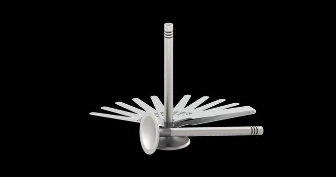 Engine intake valves with feeler gauge, rotation animation seamlessly loopable. 3D rendering isolated on transparent background