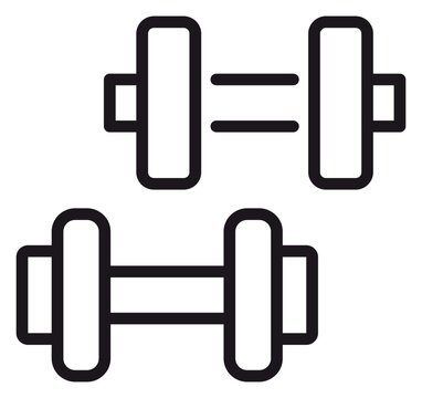 Minimalist black line vector icon of two dumbbells, representing fitness, bodybuilding, and weightlifting. Scalable graphic symbol for gym, workout, health, and exercise concepts on white background.