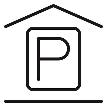 Black line art vector illustration of a parking garage icon with a letter P symbol inside a frame under a house roof, representing indoor vehicle parking, car park, or garage facility.