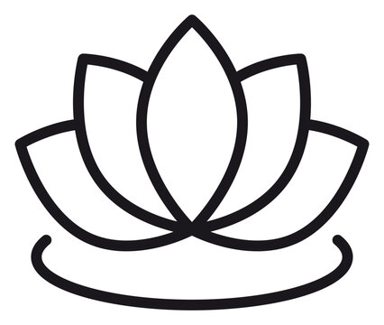 Black line art lotus flower icon, minimalist floral symbol for yoga, meditation, wellness, and zen, scalable vector illustration on white background, elegant water lily design for logo and branding.