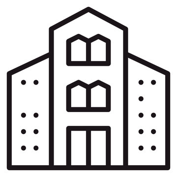 Black vector icon illustration of a building, school, or office structure with a gabled roof, central entrance, and side wings, isolated on a white background for minimalist architectural design.