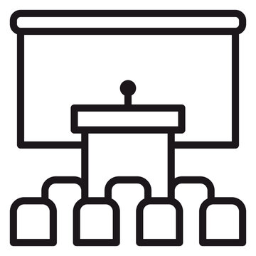 Black line vector icon of a presentation room featuring a large projector screen, a speaker podium with a microphone, and a seated audience, perfect for business, education, and seminar themes.