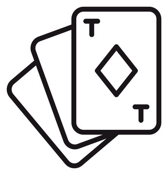 Minimalist black line vector icon of playing cards with Ace of Diamonds on top, scalable graphic illustration for casino, gambling, poker, and leisure hobbies isolated on white background.
